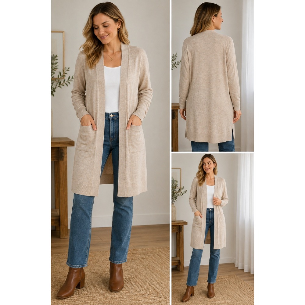 Duluth Shiftless Duster L Beige Longline Open Front Cardigan Pockets Neutral